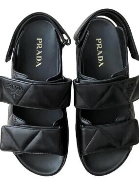 Prada Black Quilted Leather Velcro Strap Sandals - Women